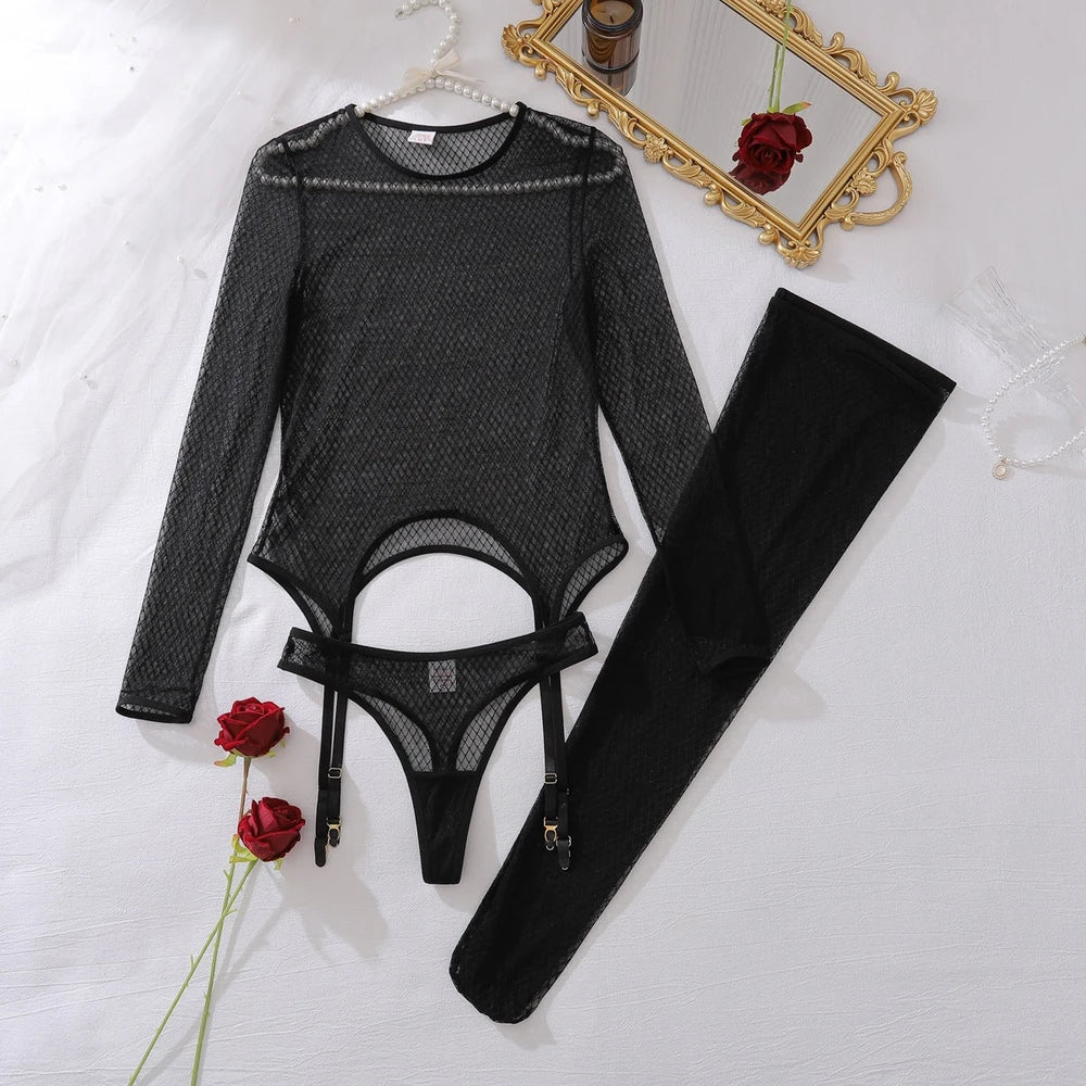 Sheer Mesh Slim Fit Long Sleeve Bodysuit with Stockings