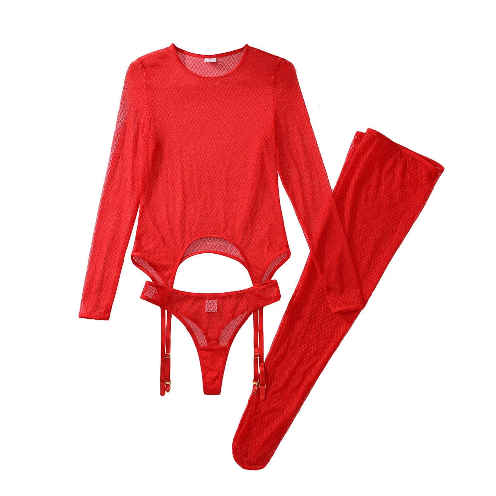 Sheer Mesh Slim Fit Long Sleeve Bodysuit with Stockings